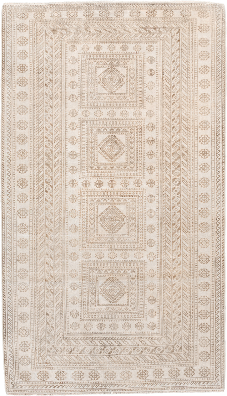 3' x 6' one-of-a-kind handmade vintage Belouch small size rug. Color palette: ivory, camel, taupe, beige, gray