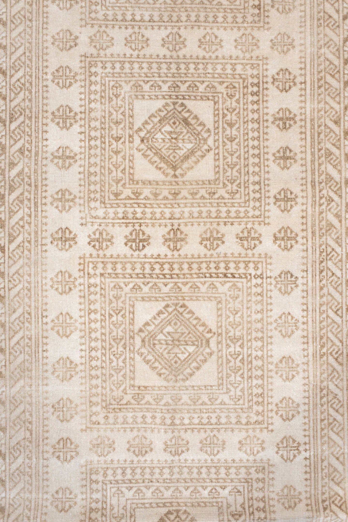 3' x 6' one-of-a-kind handmade vintage Belouch small size rug. Color palette: ivory, camel, taupe, beige, gray