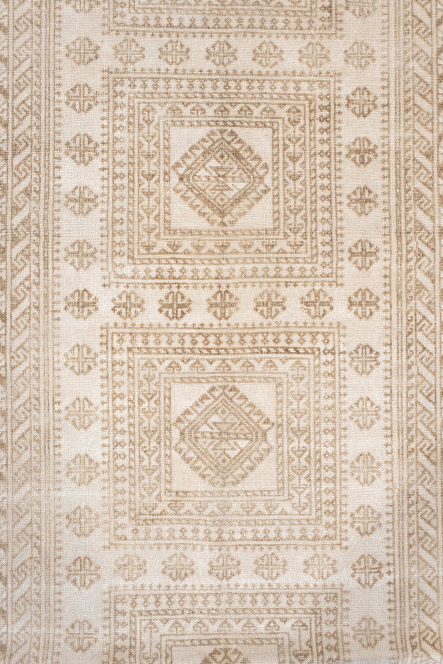 3' x 6' one-of-a-kind handmade vintage Belouch small size rug. Color palette: ivory, camel, taupe, beige, gray