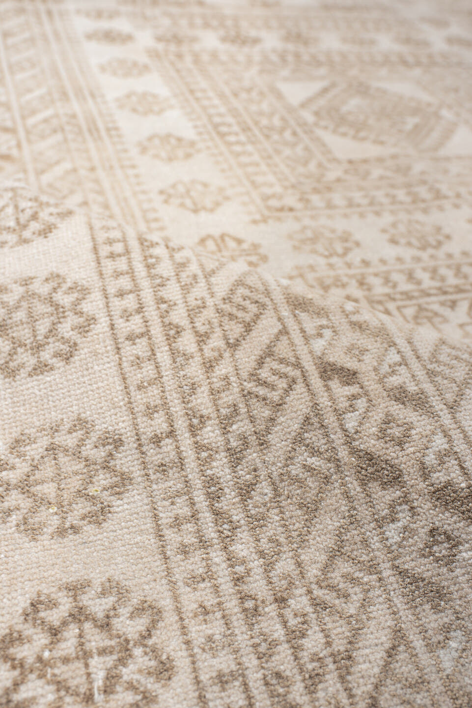 3' x 6' one-of-a-kind handmade vintage Belouch small size rug. Color palette: ivory, camel, taupe, beige, gray