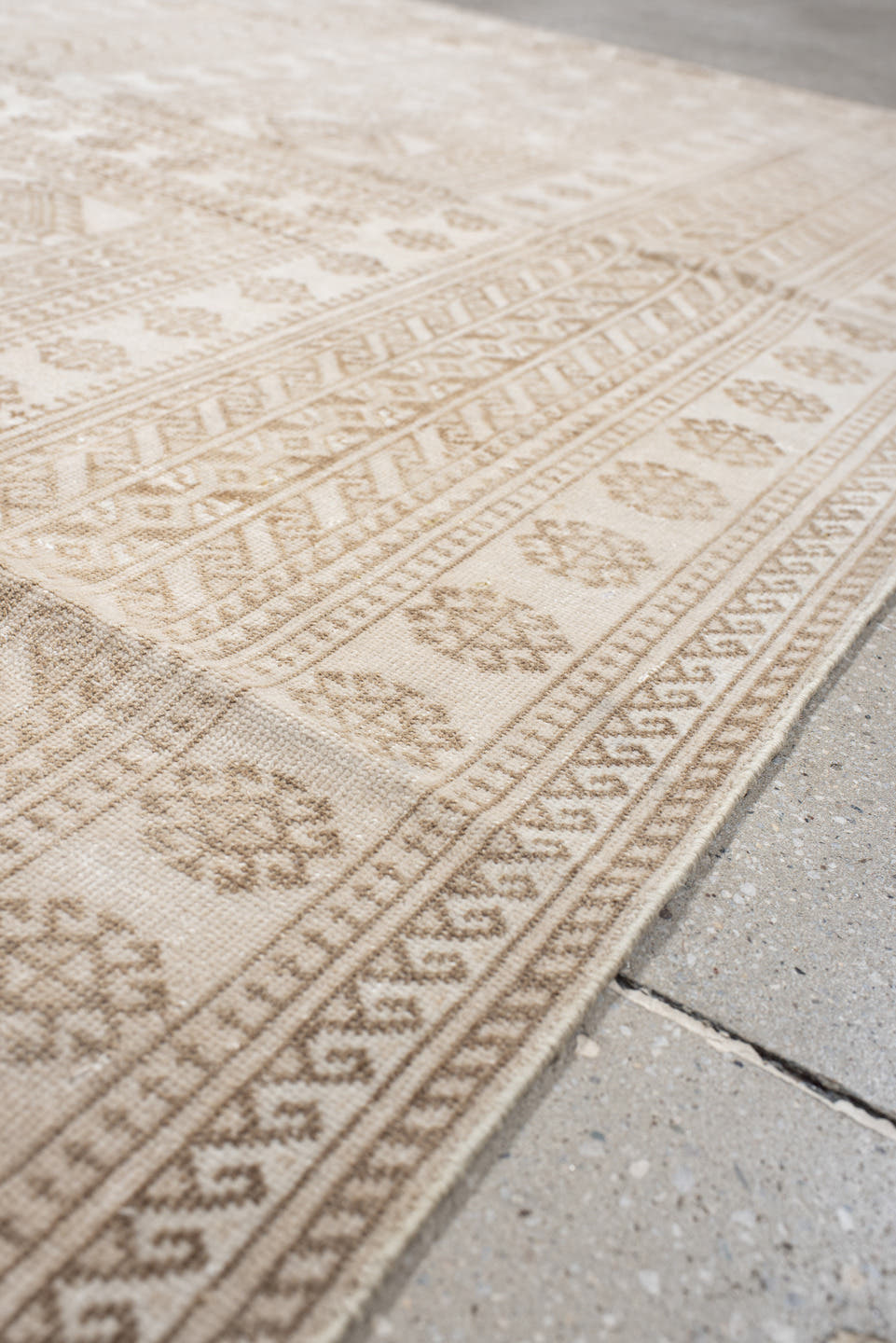 3' x 6' one-of-a-kind handmade vintage Belouch small size rug. Color palette: ivory, camel, taupe, beige, gray