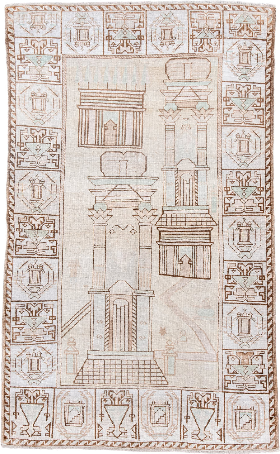 3' x 6' one-of-a-kind handmade antique Belouch small size rug. Color palette: ivory, camel, taupe, pale celadon, cream