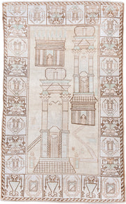 3' x 6' one-of-a-kind handmade antique Belouch small size rug. Color palette: ivory, camel, taupe, pale celadon, cream
