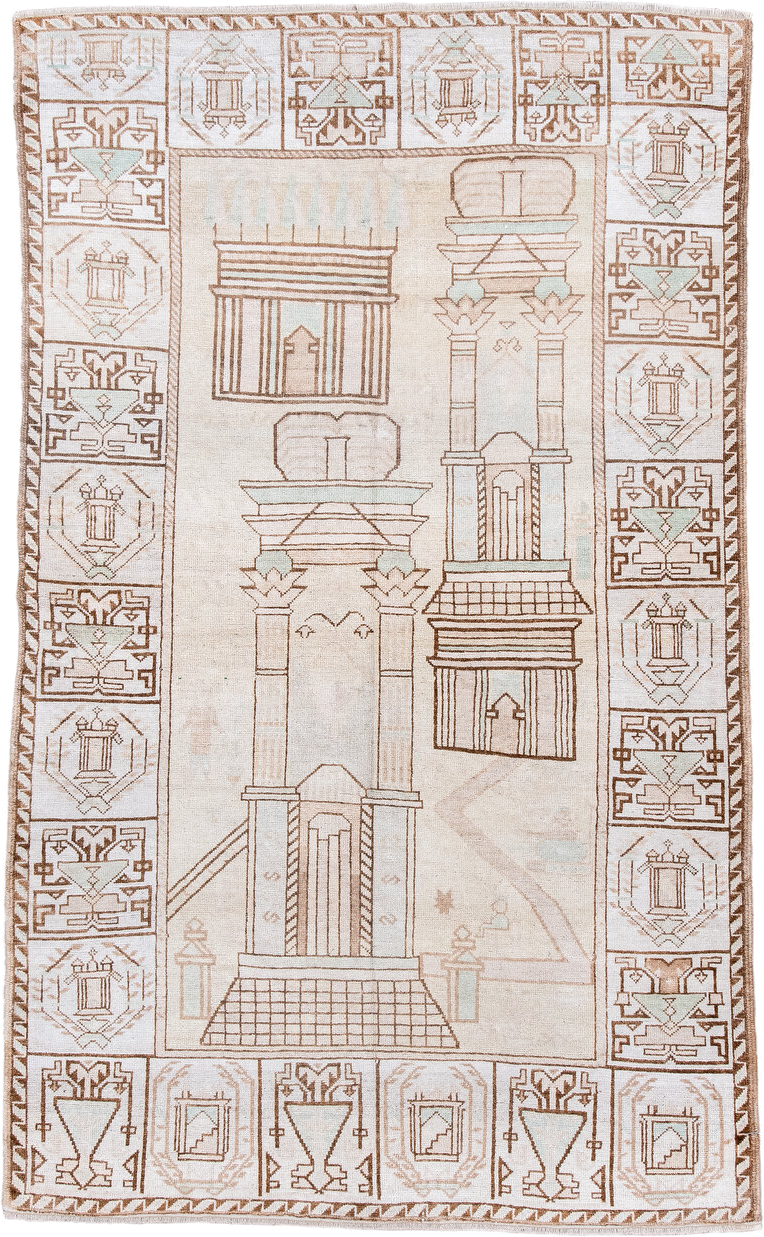 3' x 6' one-of-a-kind handmade antique Belouch small size rug. Color palette: ivory, camel, taupe, pale celadon, cream