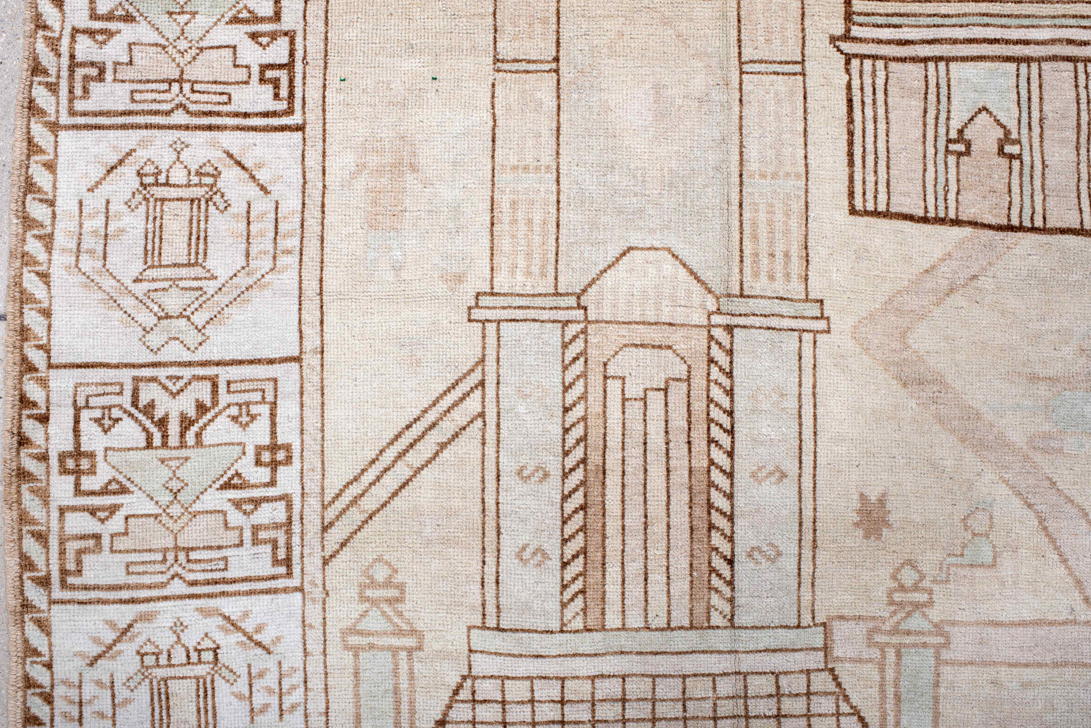 3' x 6' one-of-a-kind handmade antique Belouch small size rug. Color palette: ivory, camel, taupe, pale celadon, cream