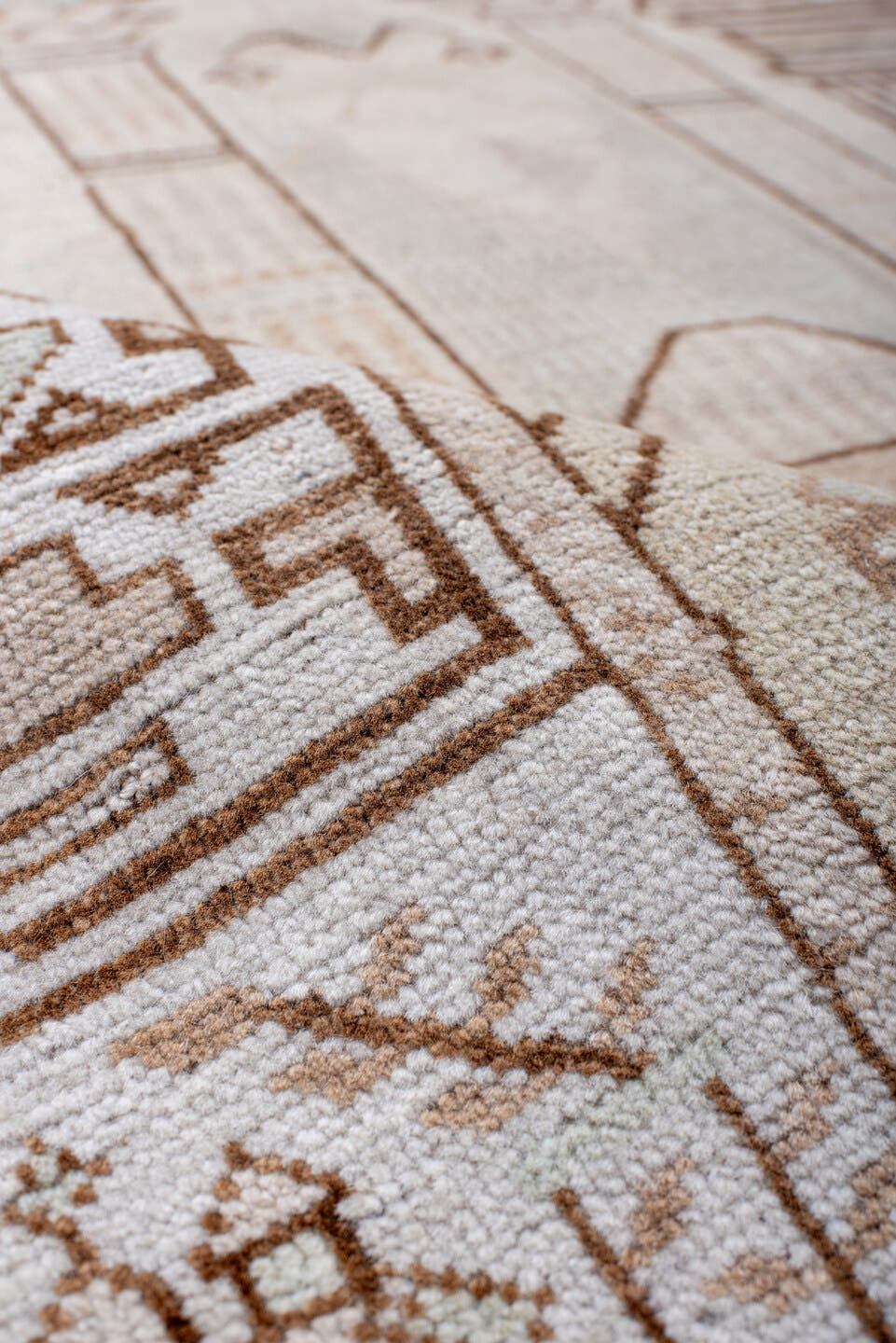 3' x 6' one-of-a-kind handmade antique Belouch small size rug. Color palette: ivory, camel, taupe, pale celadon, cream
