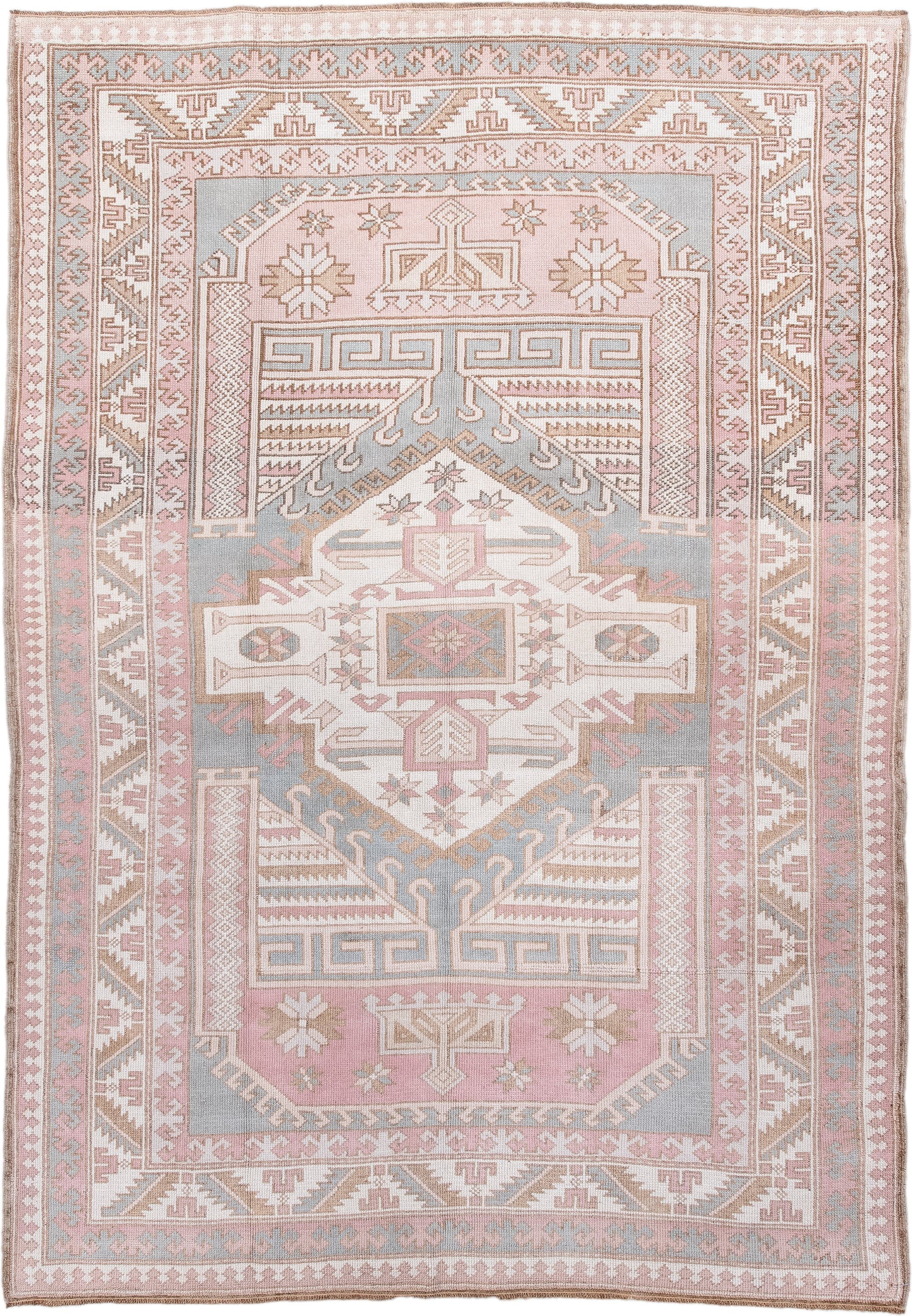 5' x 8' one-of-a-kind handmade antique Oushak medium size rug. Color palette: blush, ivory, pale blue, taupe, sand, rose