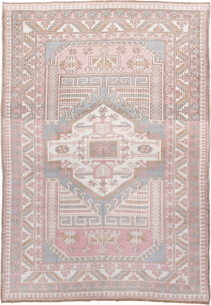 5' x 8' one-of-a-kind handmade antique Oushak medium size rug. Color palette: blush, ivory, pale blue, taupe, sand, rose
