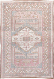 5' x 8' one-of-a-kind handmade antique Oushak medium size rug. Color palette: blush, ivory, pale blue, taupe, sand, rose