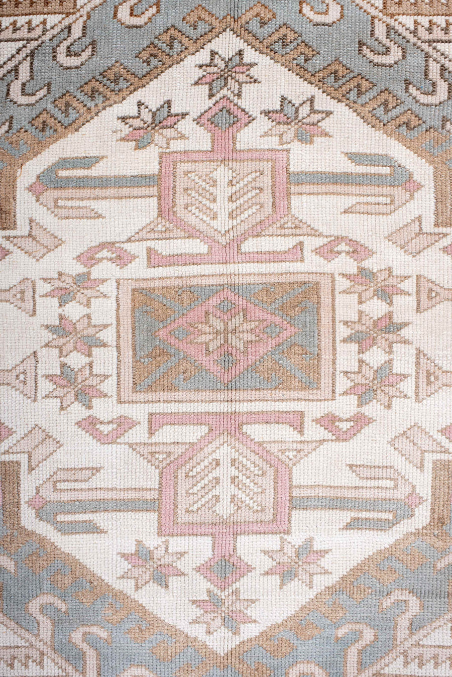 5' x 8' one-of-a-kind handmade antique Oushak medium size rug. Color palette: blush, ivory, pale blue, taupe, sand, rose