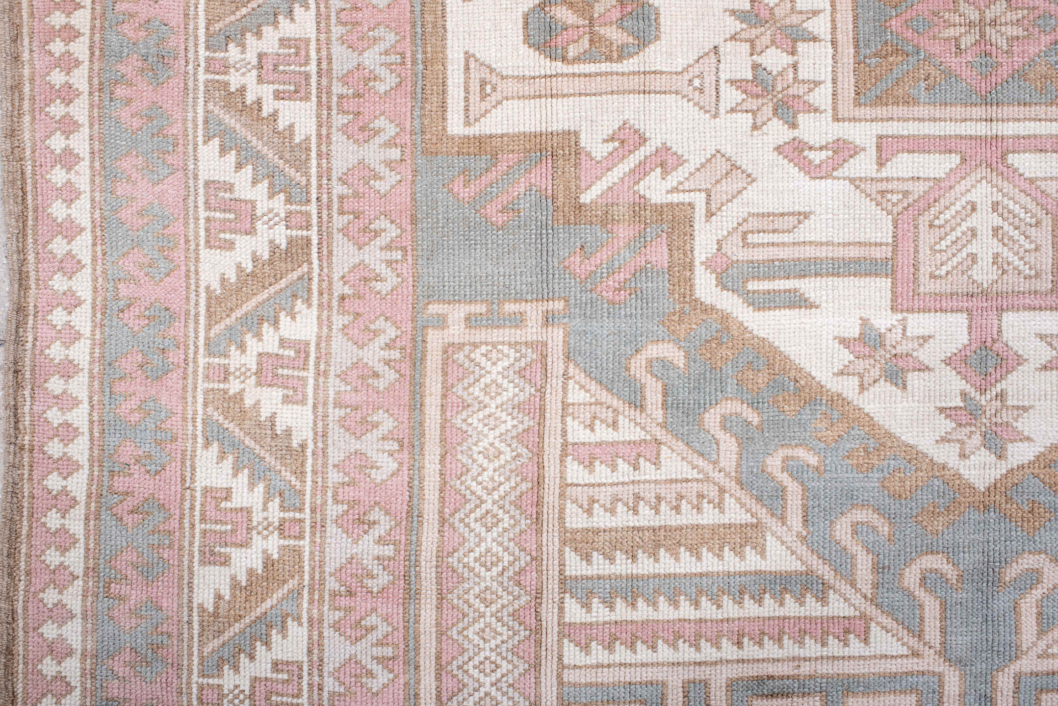 5' x 8' one-of-a-kind handmade antique Oushak medium size rug. Color palette: blush, ivory, pale blue, taupe, sand, rose