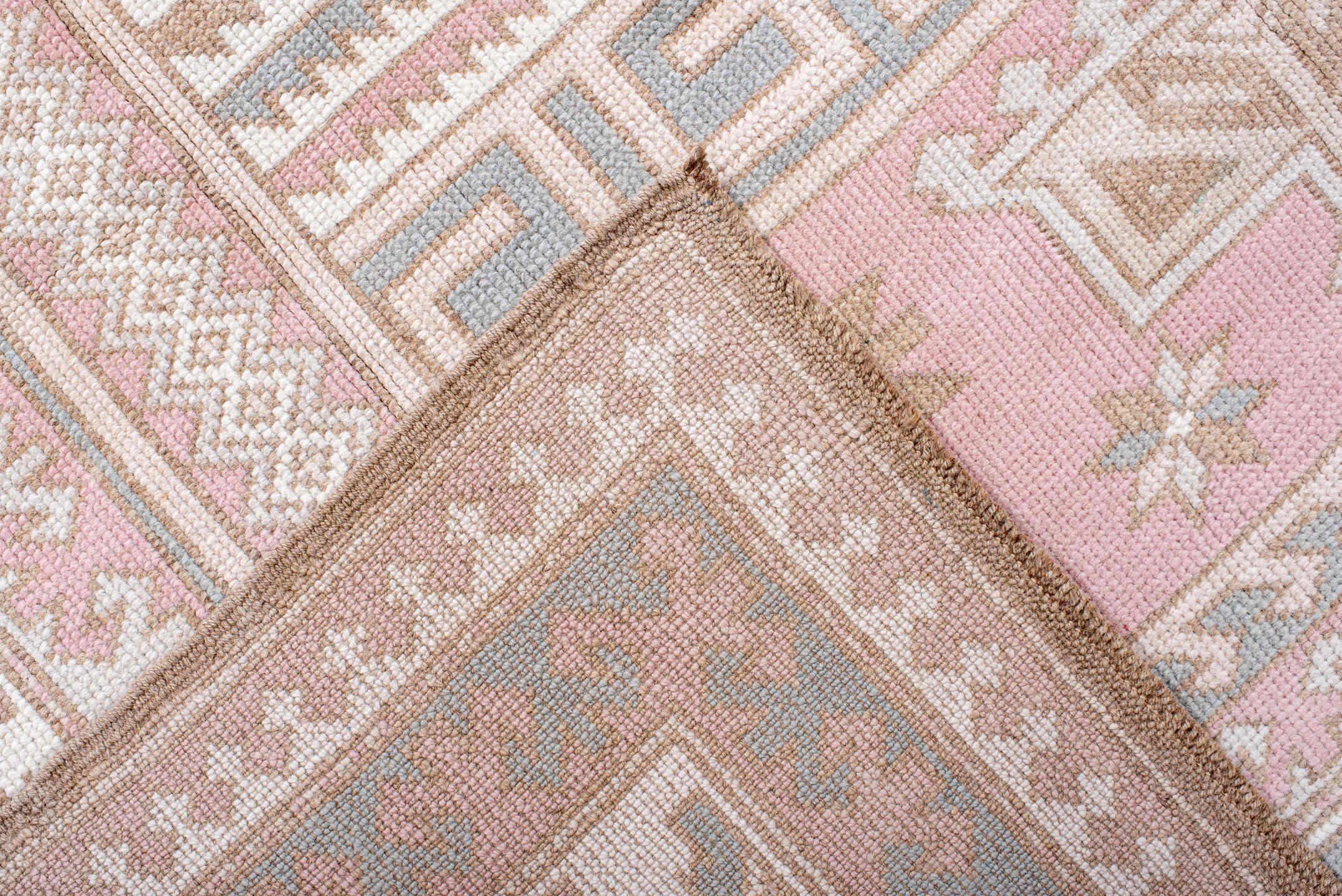5' x 8' one-of-a-kind handmade antique Oushak medium size rug. Color palette: blush, ivory, pale blue, taupe, sand, rose
