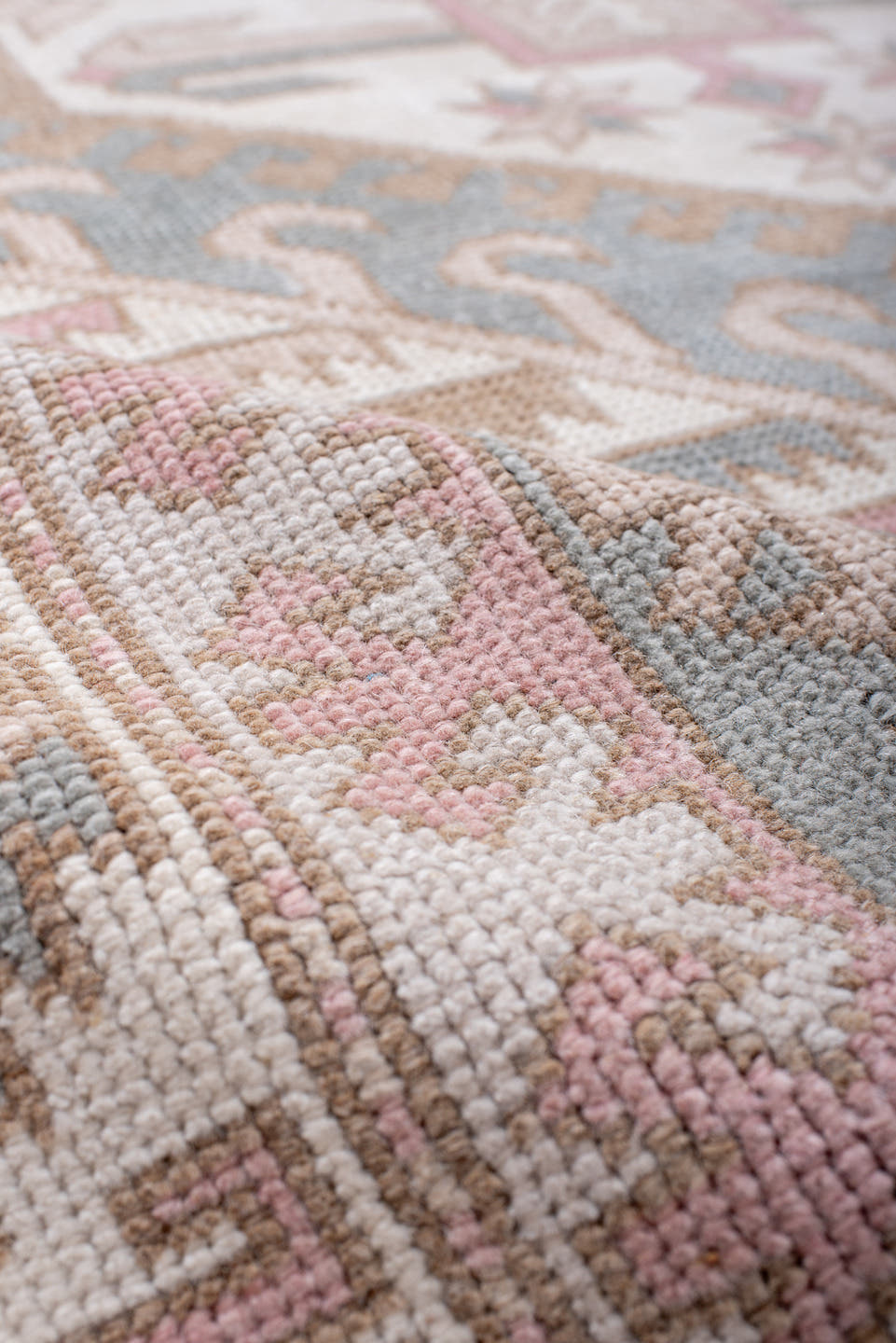 5' x 8' one-of-a-kind handmade antique Oushak medium size rug. Color palette: blush, ivory, pale blue, taupe, sand, rose