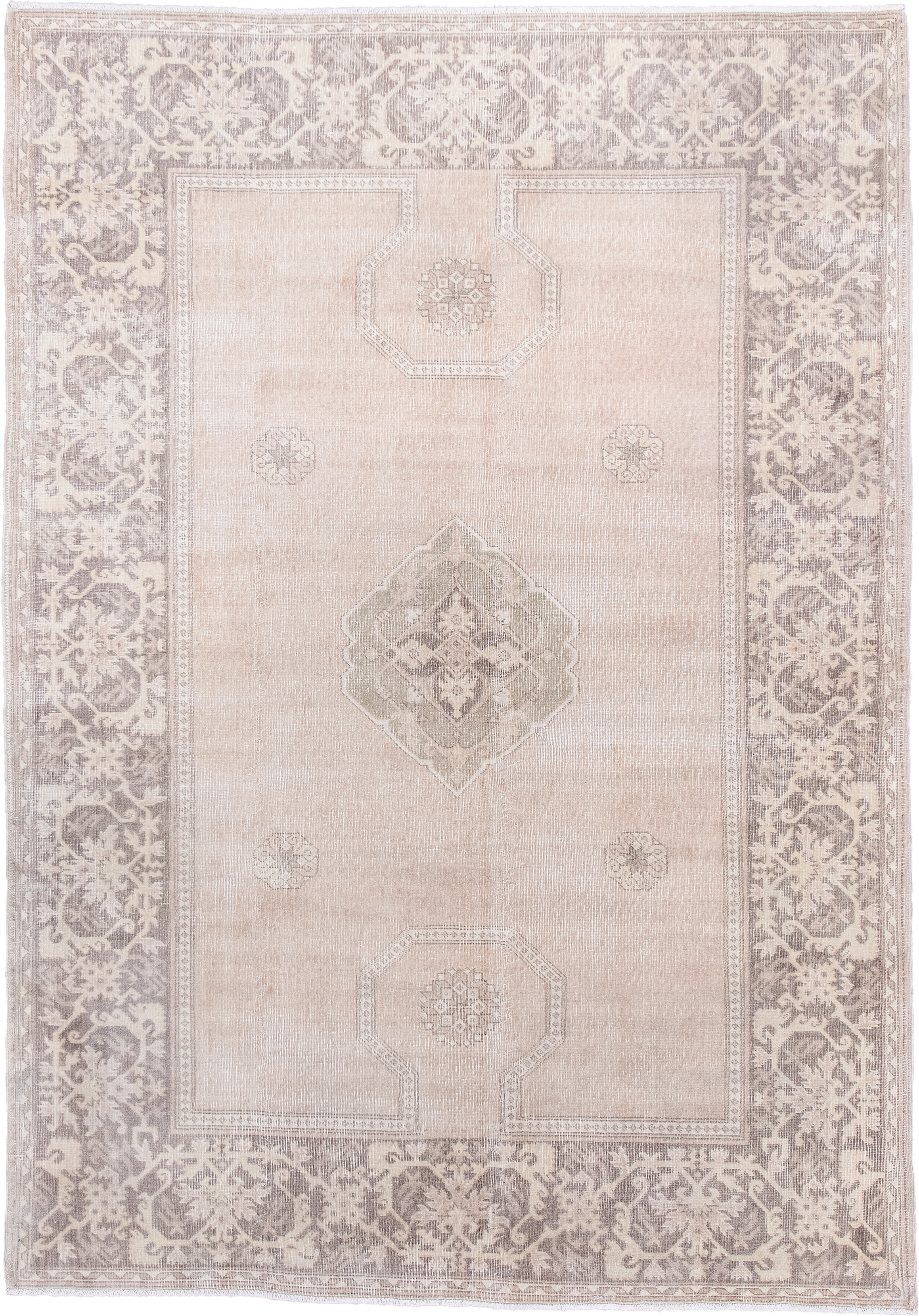 4' x 6' one-of-a-kind handmade antique Sivas small size rug. Color palette: blush, taupe, ivory, greige, sage, pink, beige