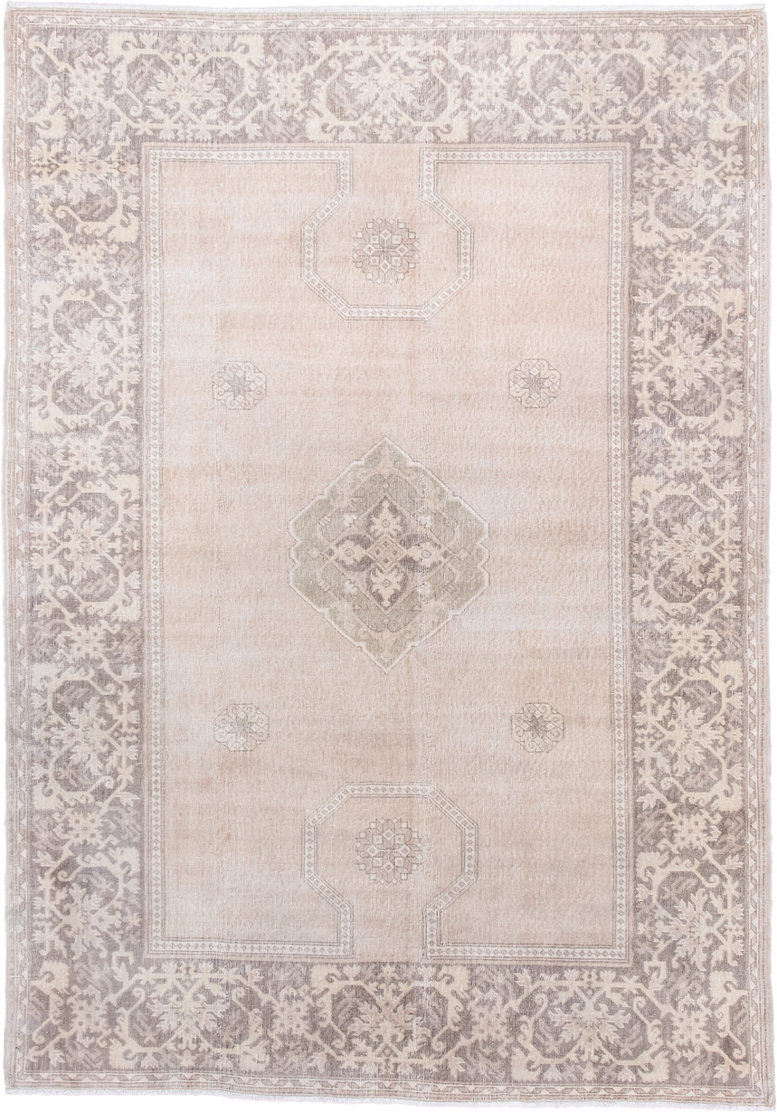 4' x 6' one-of-a-kind handmade antique Sivas small size rug. Color palette: blush, taupe, ivory, greige, sage, pink, beige
