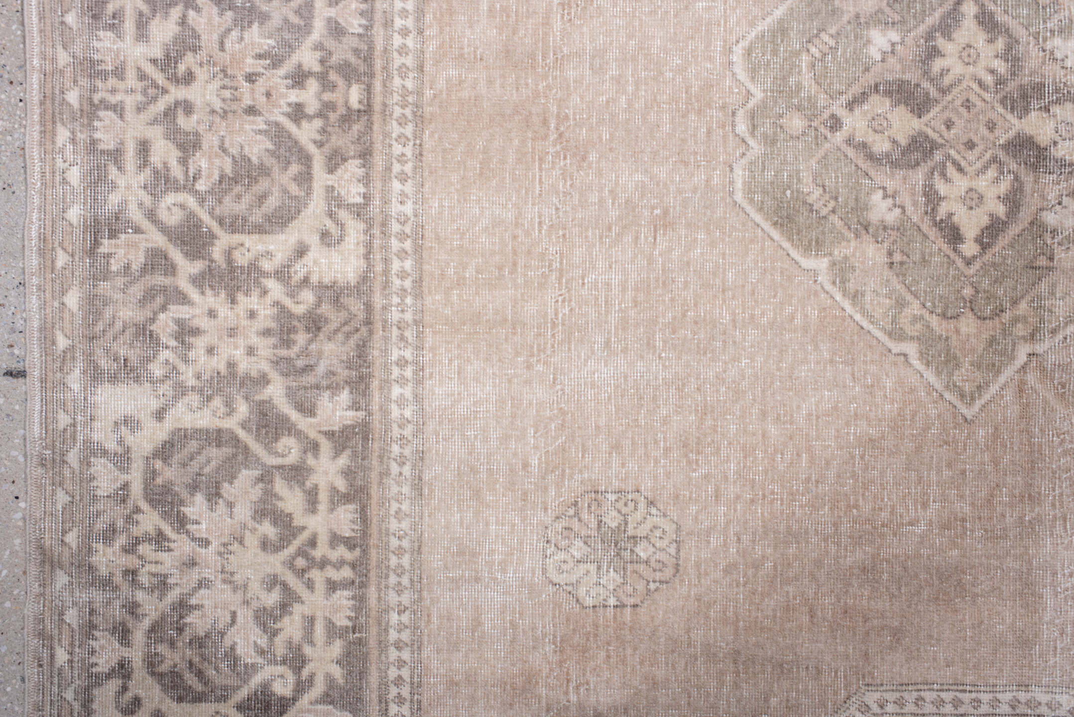 4' x 6' one-of-a-kind handmade antique Sivas small size rug. Color palette: blush, taupe, ivory, greige, sage, pink, beige