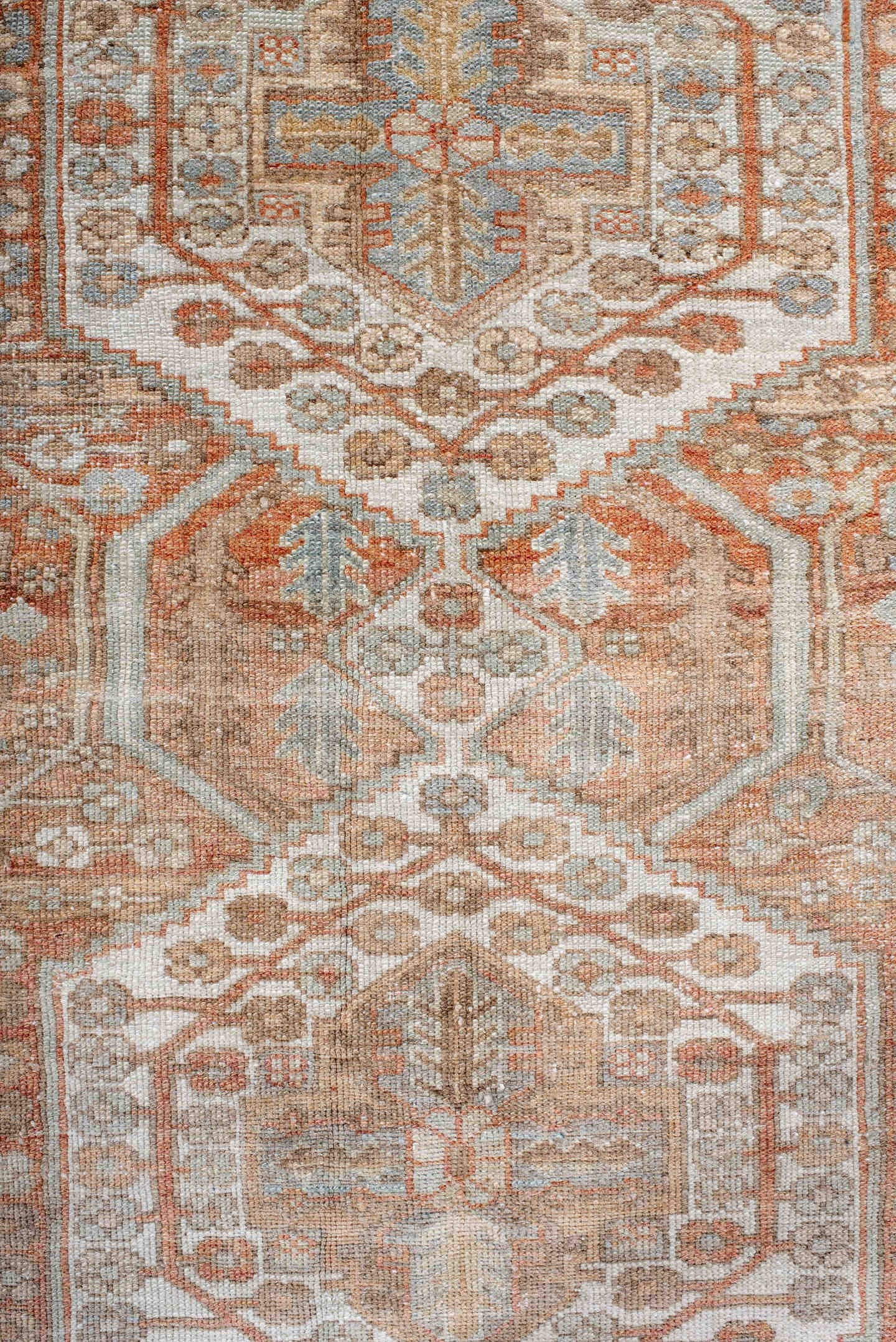 4' x 6' one-of-a-kind handmade antique Baktiary rug. Color palette: ivory, camel, rust, taupe, pale blue, terra cotta, beige
