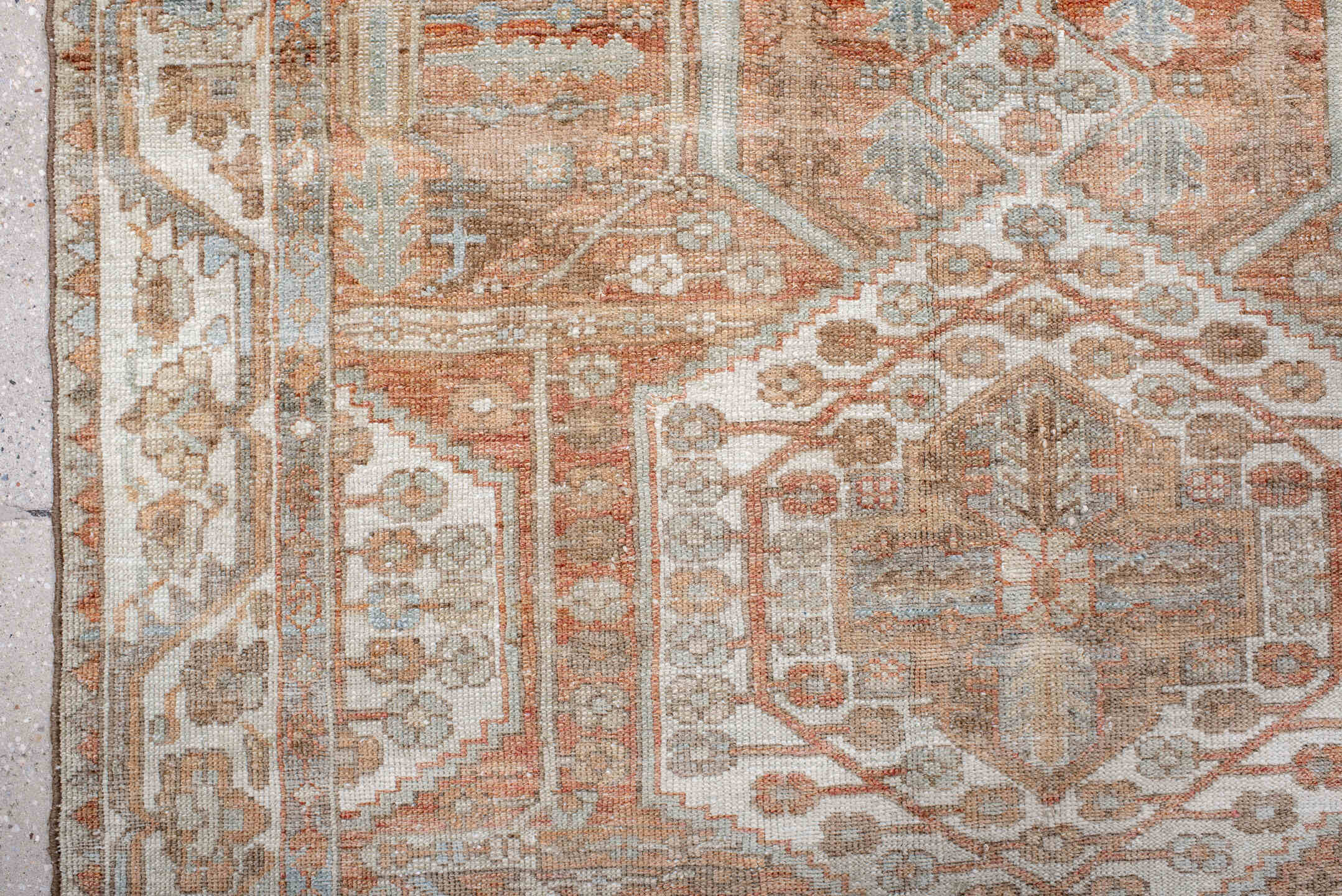 4' x 6' one-of-a-kind handmade antique Baktiary rug. Color palette: ivory, camel, rust, taupe, pale blue, terra cotta, beige