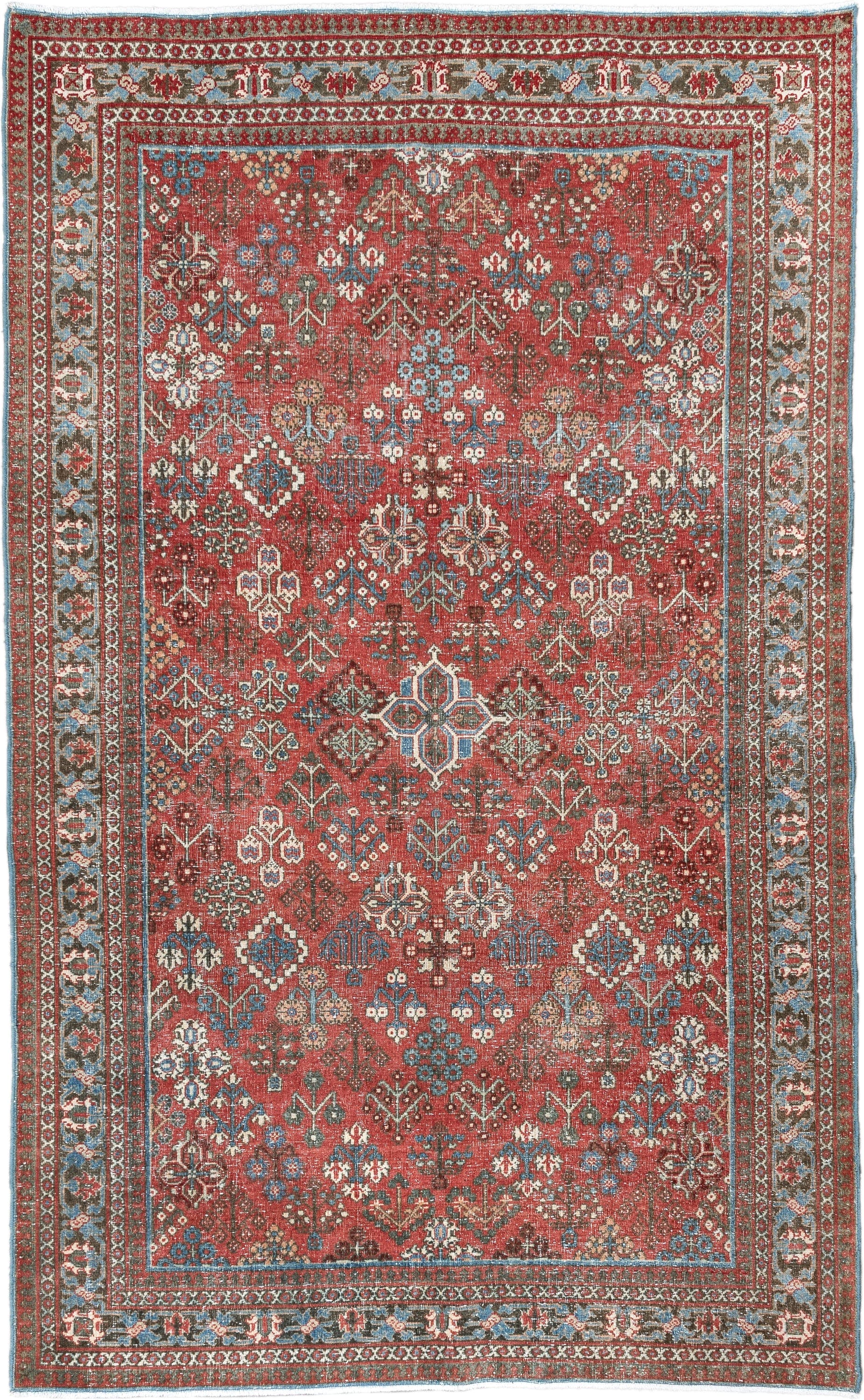 4' x 6' one-of-a-kind handmade vintage Joshegan rug. Color palette: terracotta, pale blue, ivory, slate, taupe, rust