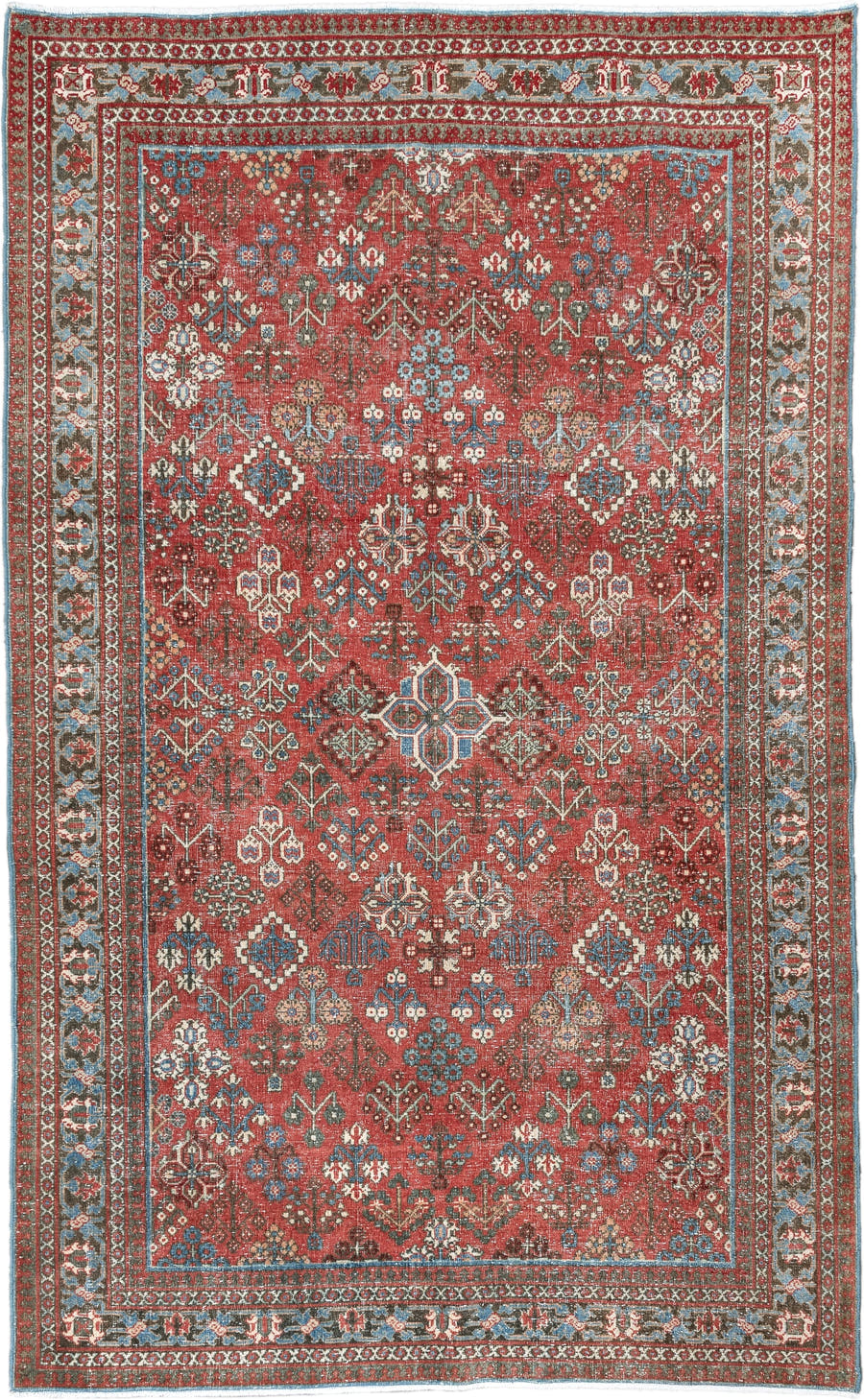 4' x 6' one-of-a-kind handmade vintage Joshegan rug. Color palette: terracotta, pale blue, ivory, slate, taupe, rust