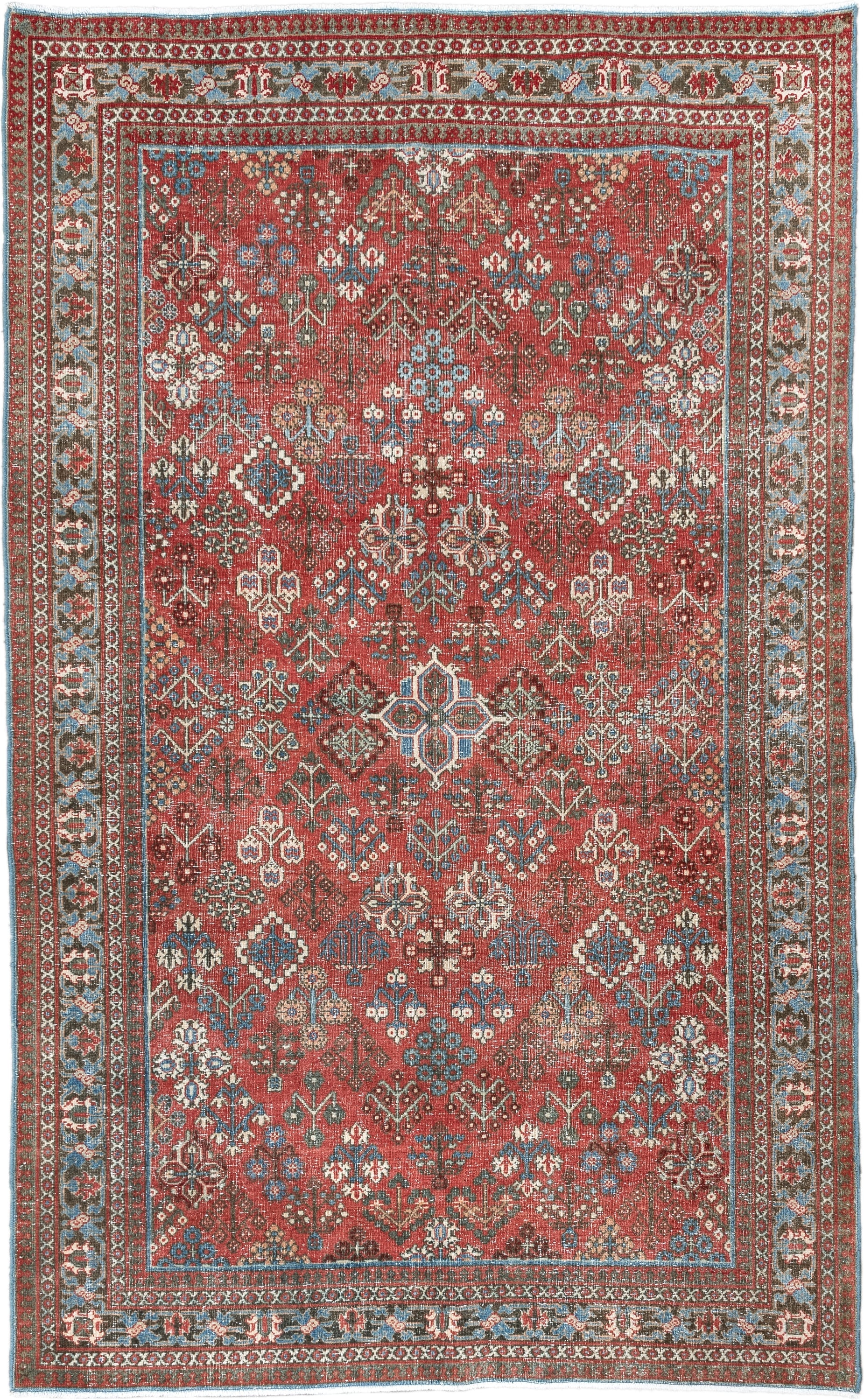 4' x 6' one-of-a-kind handmade vintage Joshegan rug. Color palette: terracotta, pale blue, ivory, slate, taupe, rust