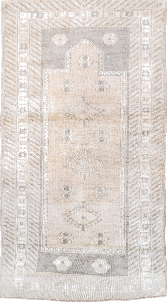 3' x 6' one-of-a-kind handmade vintage Anatolian small size rug. Color palette: antiquewhite, brown, dark gray, floral white