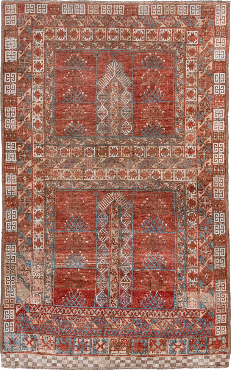 4' x 7' one-of-a-kind handmade vintage Afghan rug. Color palette: blue, brown, dark gray, dim gray, gray, light gray