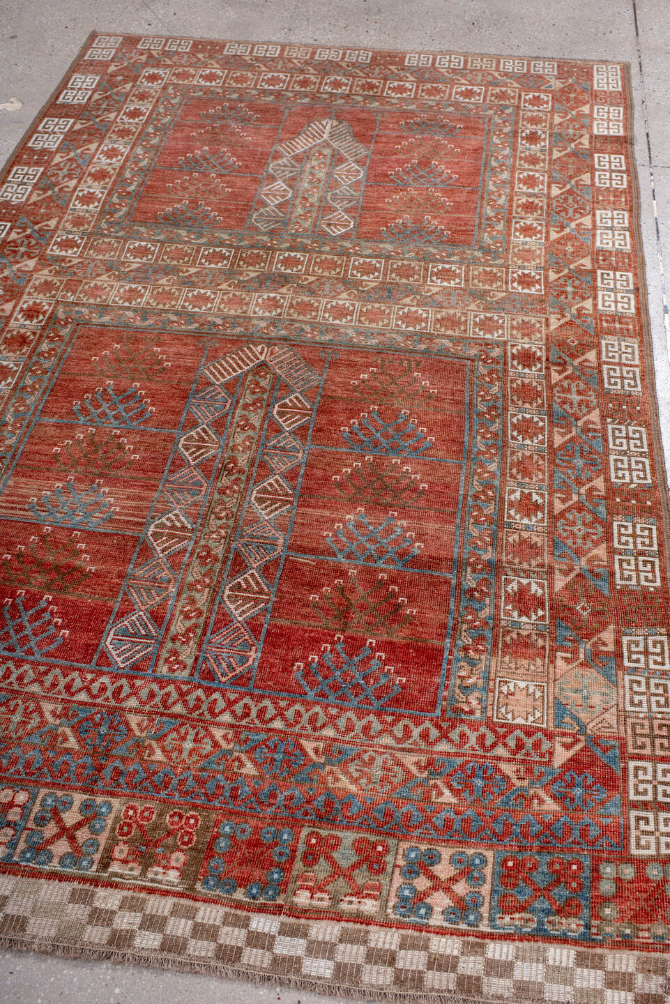 4' x 7' one-of-a-kind handmade vintage Afghan rug. Color palette: blue, brown, dark gray, dim gray, gray, light gray