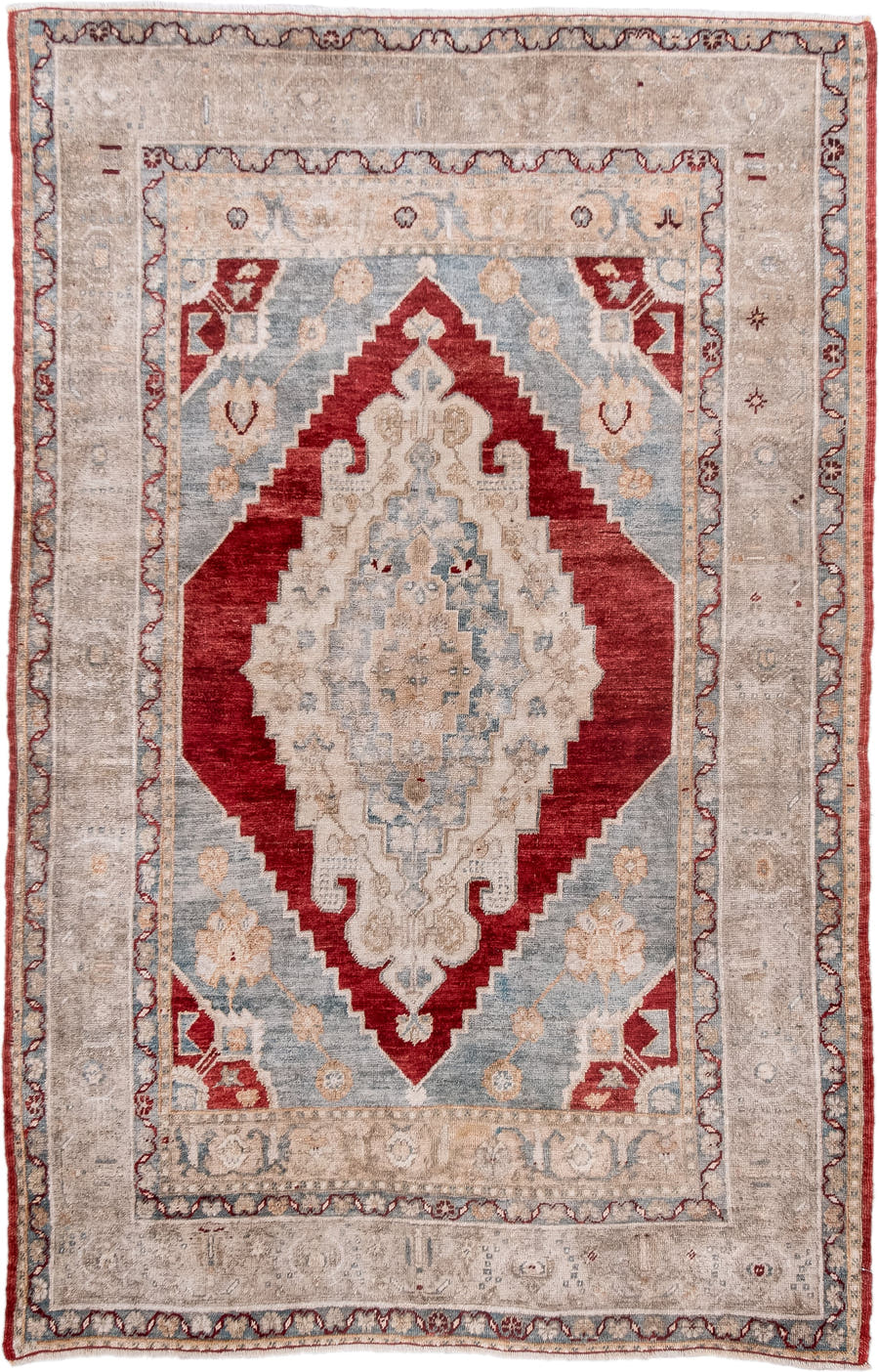 3' x 5' one-of-a-kind handmade antique Anatolian small size rug. Color palette: ivory, beige, pale blue, brick red, taupe