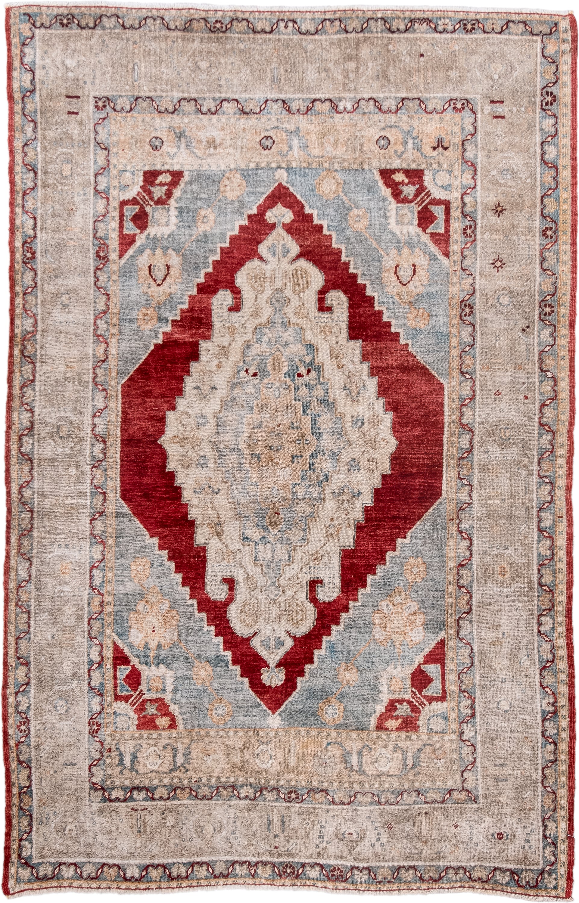 3' x 5' one-of-a-kind handmade antique Anatolian small size rug. Color palette: ivory, beige, pale blue, brick red, taupe