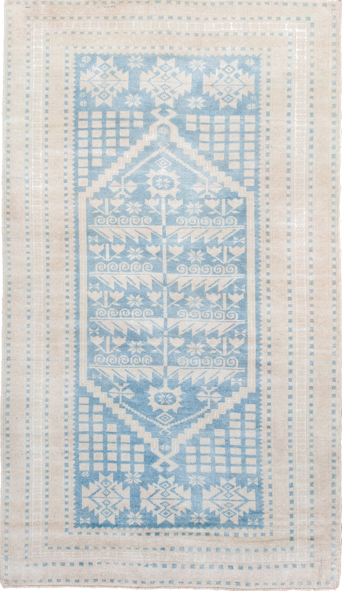3' x 6' one-of-a-kind handmade vintage Anatolian small size rug. Color palette: blue, dark gray, gainsboro, gray, light blue