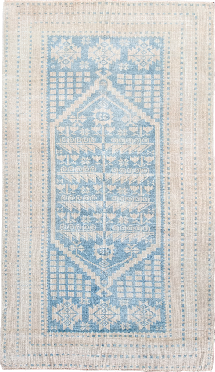 3' x 6' one-of-a-kind handmade antique Anatolian small size rug. Color palette: ivory, pale blue, sky blue, cream