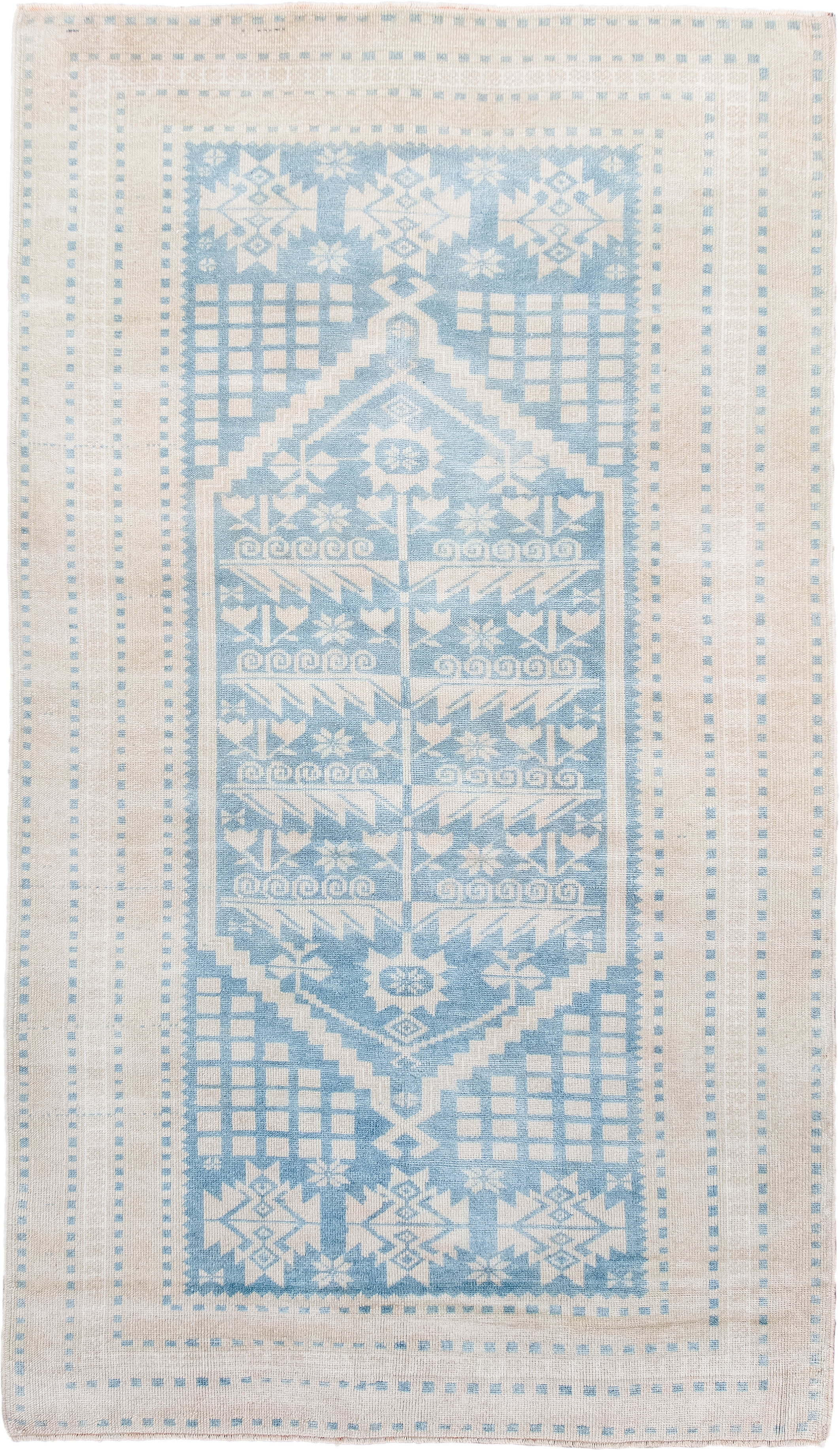 3' x 6' one-of-a-kind handmade antique Anatolian small size rug. Color palette: ivory, pale blue, sky blue, cream