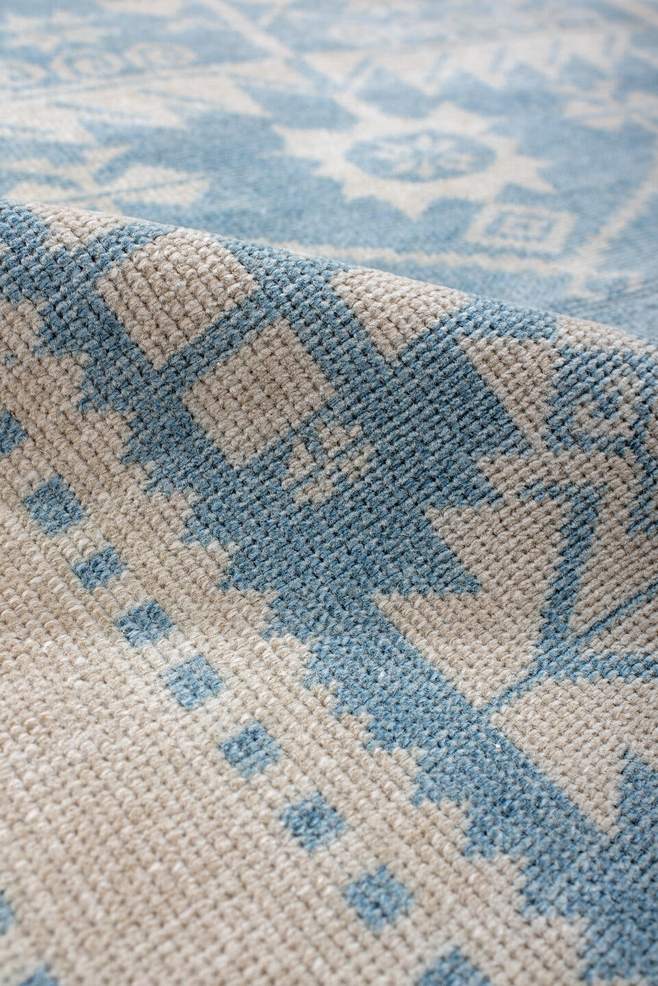 3' x 6' one-of-a-kind handmade antique Anatolian small size rug. Color palette: ivory, pale blue, sky blue, cream