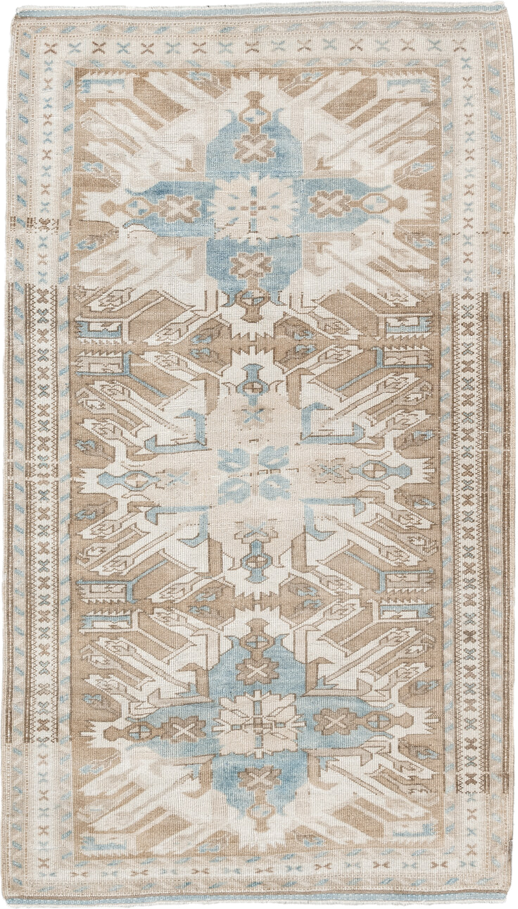 3' x 6' one-of-a-kind handmade vintage Anatolian small size rug. Color palette: ivory, taupe, pale_blue, beige, gray