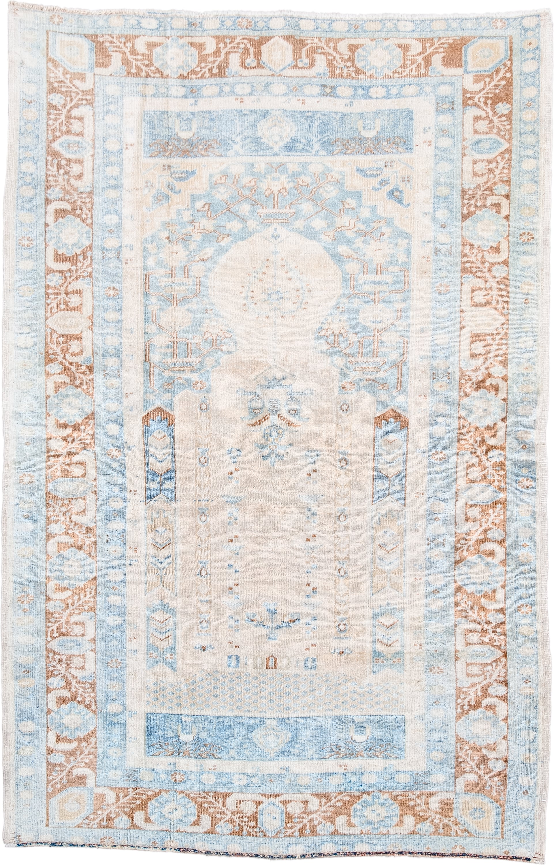 3' x 5' one-of-a-kind handmade vintage Anatolian small size rug. Color palette: ivory, sky blue, camel, beige, tan