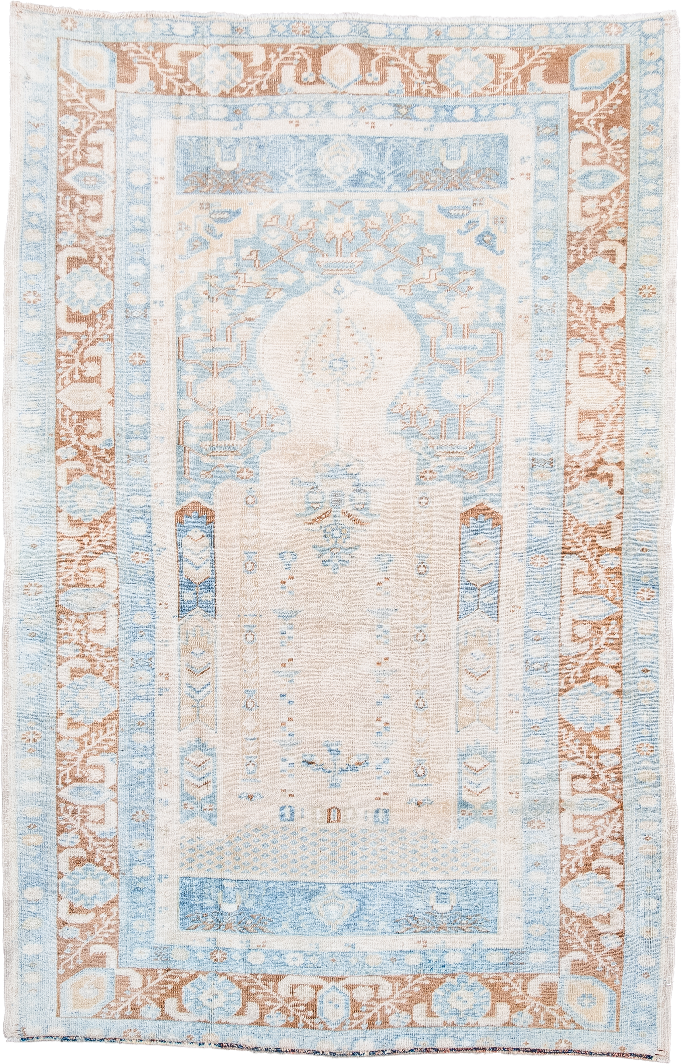 3' x 5' one-of-a-kind handmade vintage Anatolian small size rug. Color palette: ivory, sky blue, camel, beige, tan