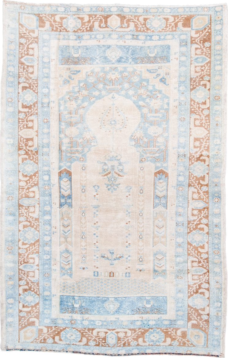 3' x 5' one-of-a-kind handmade vintage Anatolian small size rug. Color palette: ivory, sky blue, camel, beige, tan