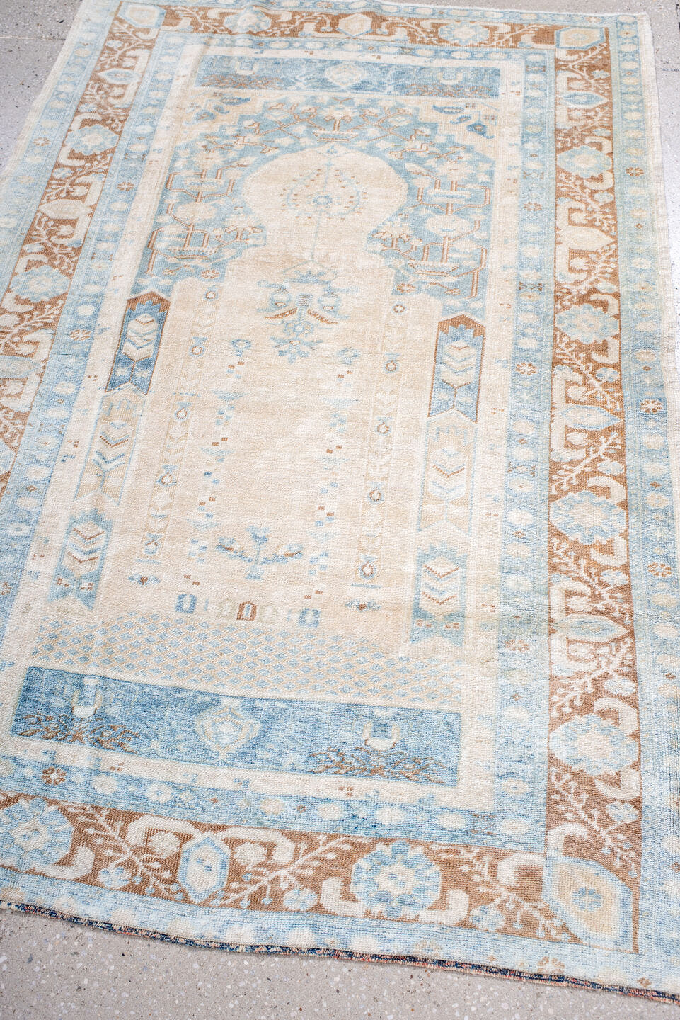 3' x 5' one-of-a-kind handmade vintage Anatolian small size rug. Color palette: ivory, sky blue, camel, beige, tan