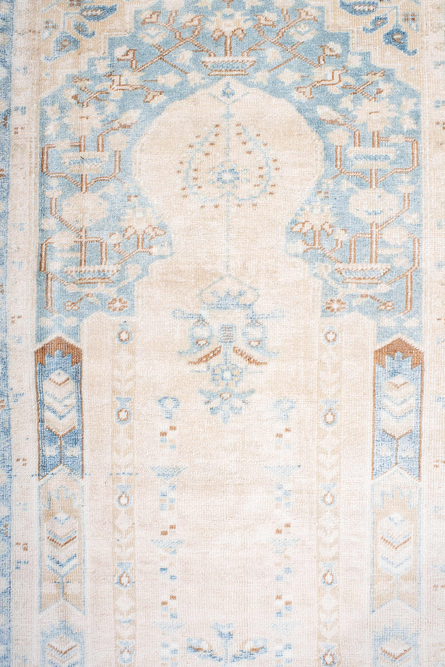 3' x 5' one-of-a-kind handmade vintage Anatolian small size rug. Color palette: ivory, sky blue, camel, beige, tan