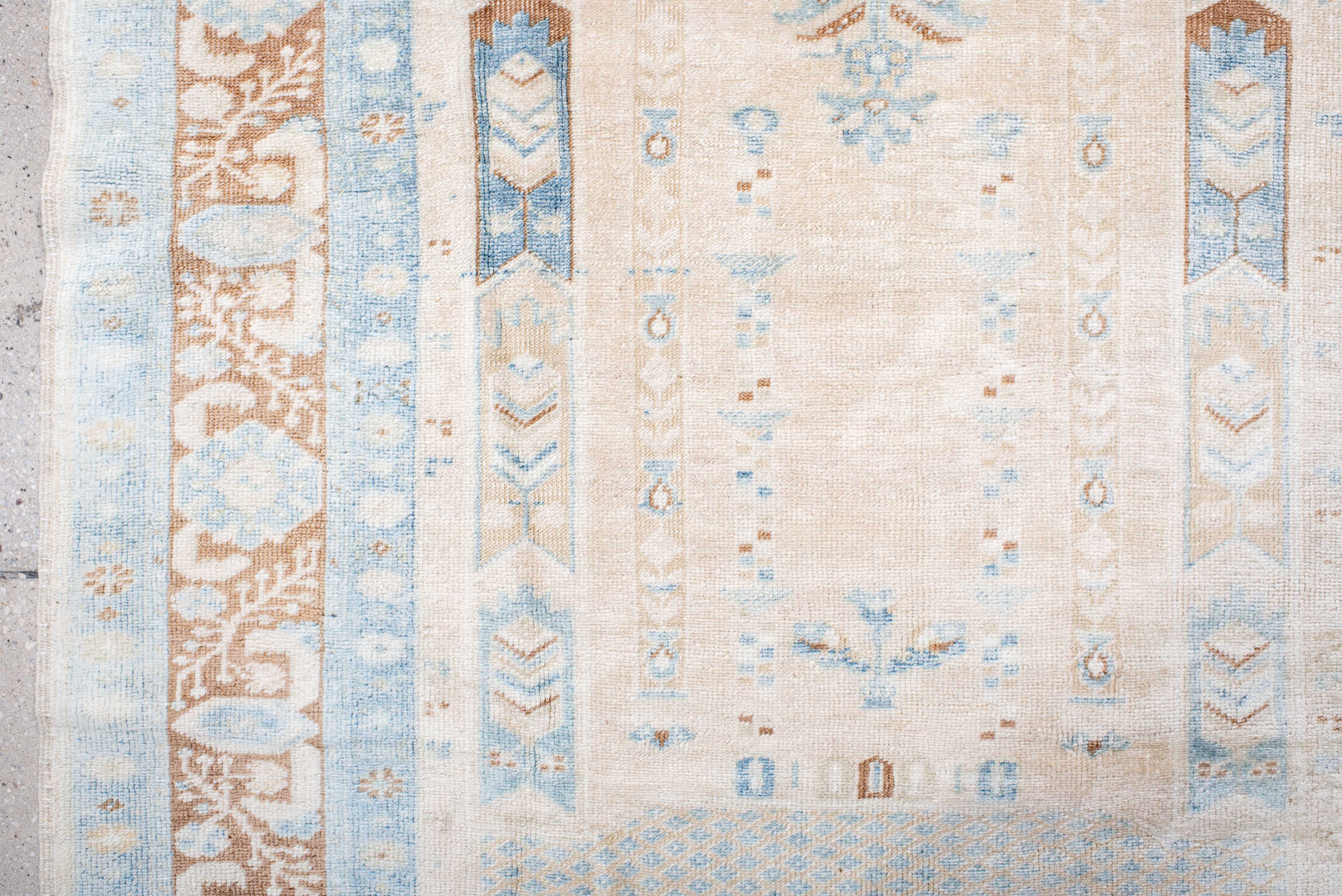 3' x 5' one-of-a-kind handmade vintage Anatolian small size rug. Color palette: ivory, sky blue, camel, beige, tan
