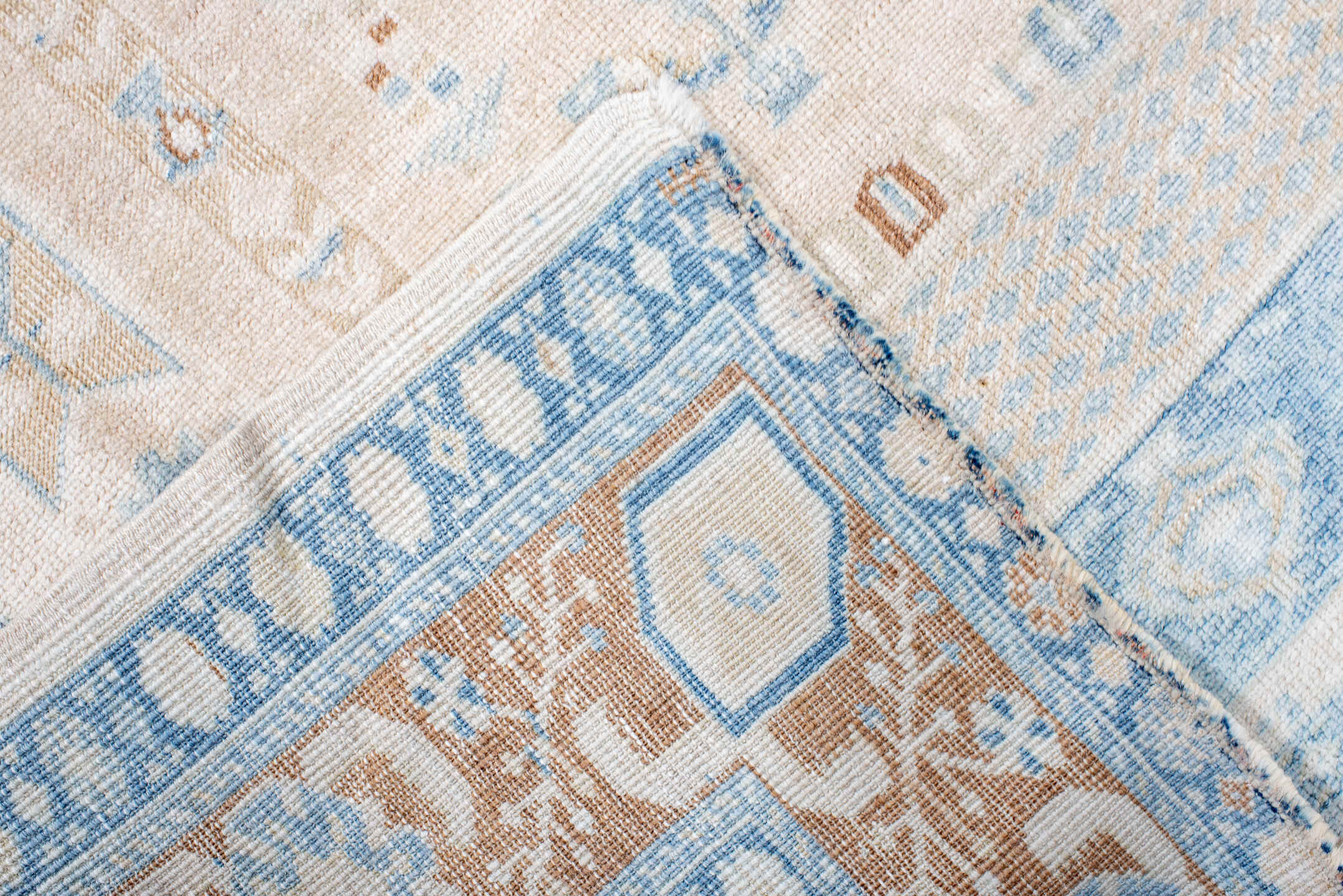 3' x 5' one-of-a-kind handmade vintage Anatolian small size rug. Color palette: ivory, sky blue, camel, beige, tan