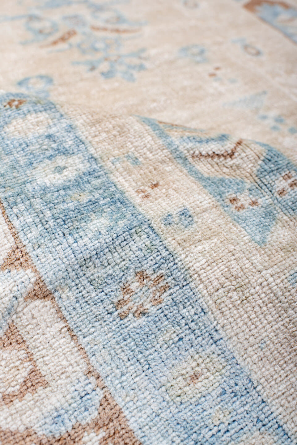 3' x 5' one-of-a-kind handmade vintage Anatolian small size rug. Color palette: ivory, sky blue, camel, beige, tan
