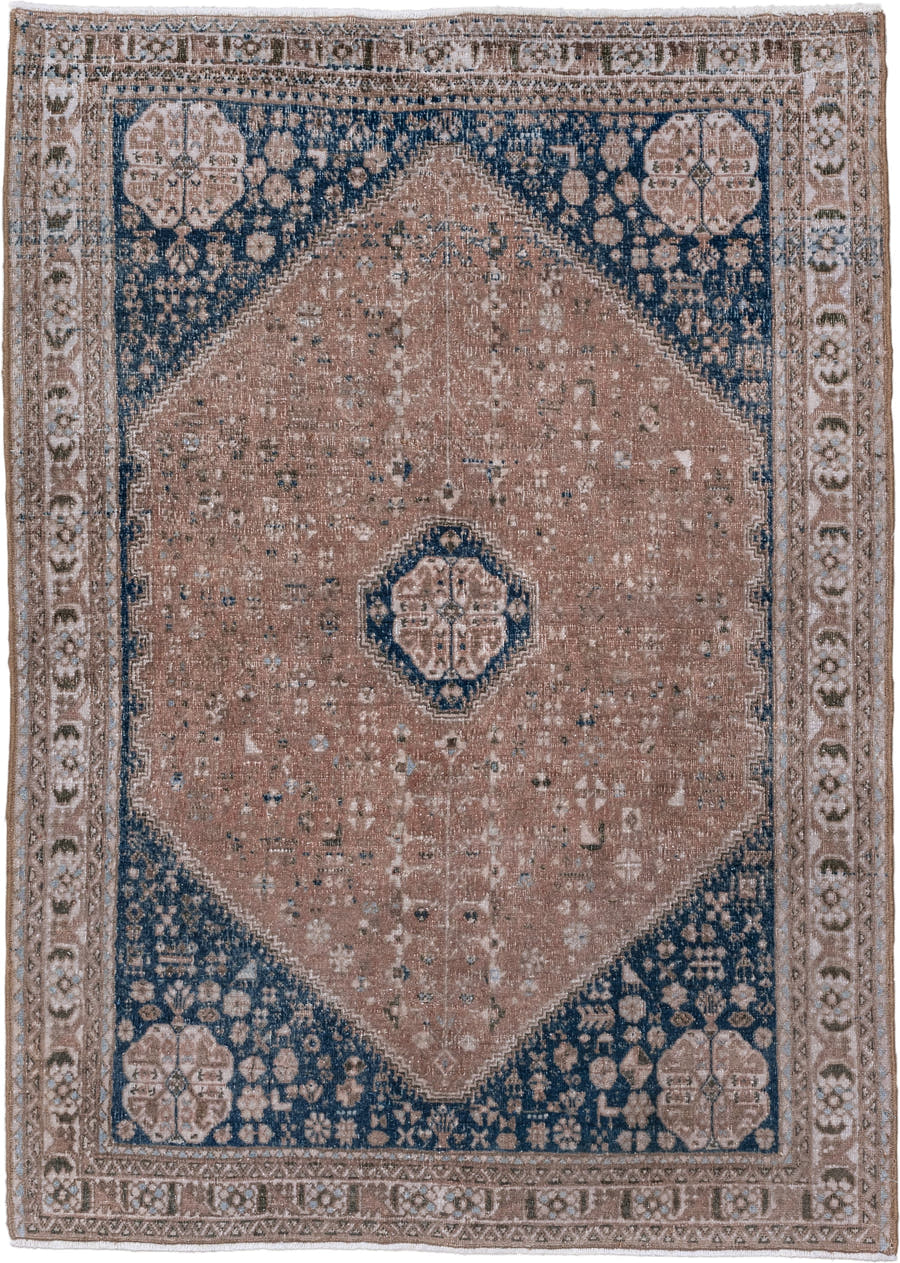3' x 4' one-of-a-kind handmade vintage Joshegan small size rug. Color palette: blush, navy, taupe, ivory, camel, slate, pink