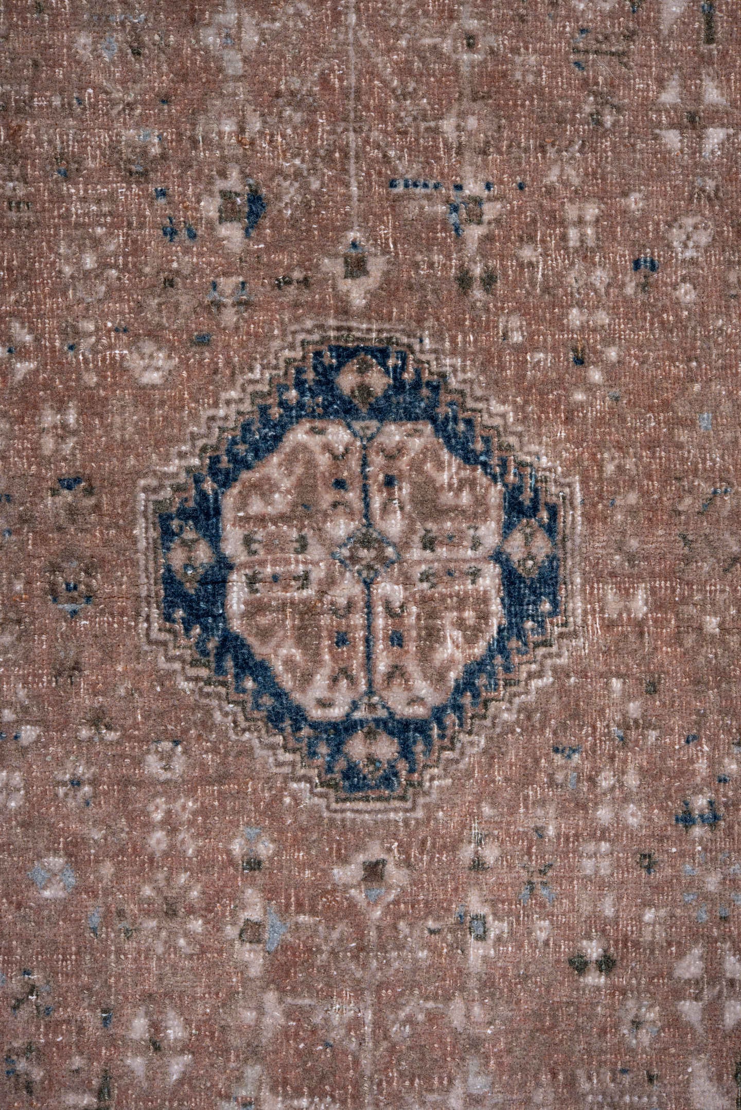 3' x 4' one-of-a-kind handmade vintage Joshegan small size rug. Color palette: blush, navy, taupe, ivory, camel, slate, pink