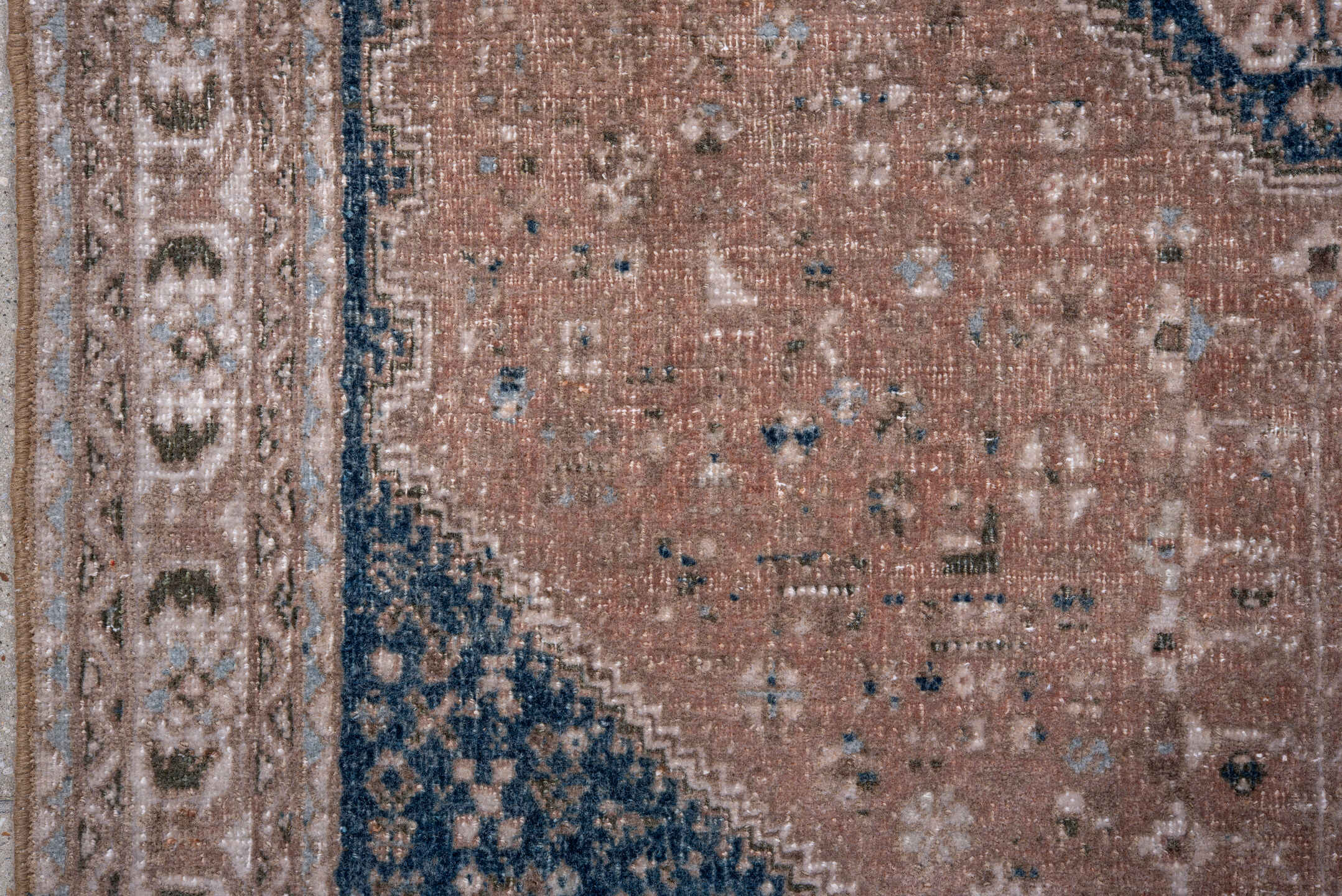 3' x 4' one-of-a-kind handmade vintage Joshegan small size rug. Color palette: blush, navy, taupe, ivory, camel, slate, pink