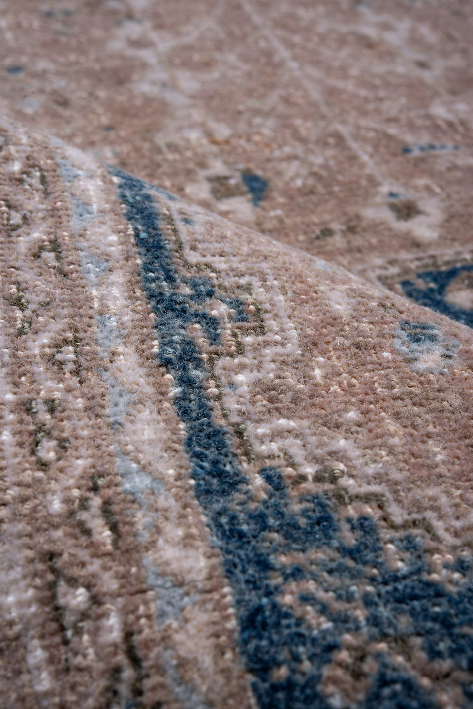 3' x 4' one-of-a-kind handmade vintage Joshegan small size rug. Color palette: blush, navy, taupe, ivory, camel, slate, pink