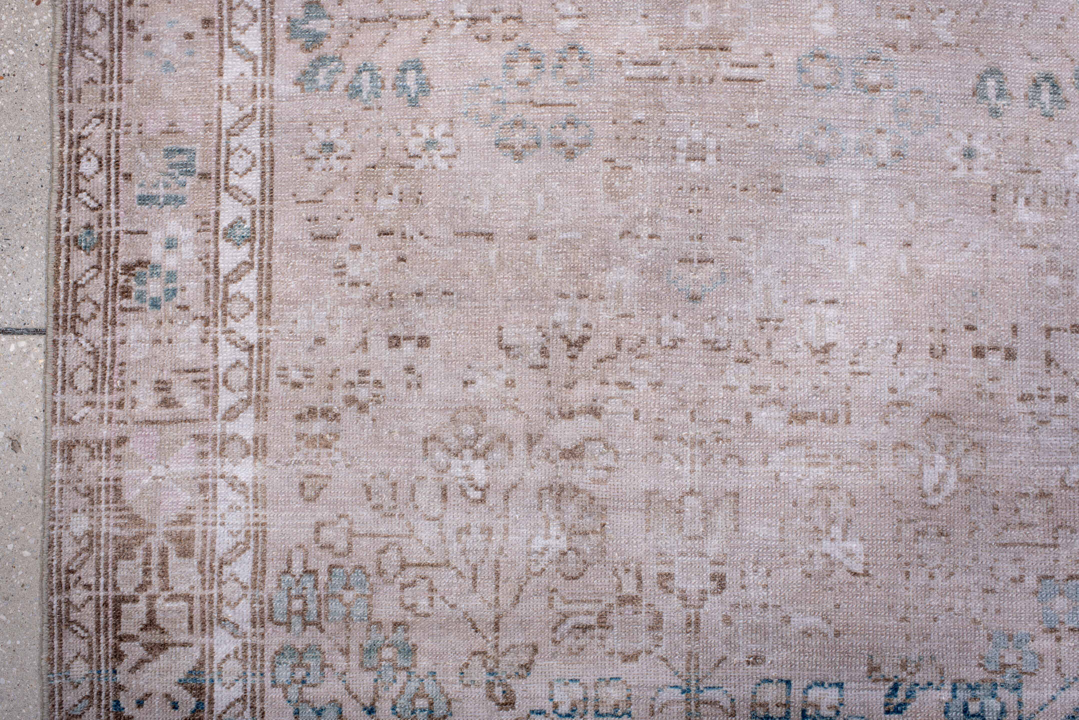 3' x 6' one-of-a-kind handmade antique Hamadan rug. Color palette: blush, ivory, pale blue, taupe, beige, pink, light blue