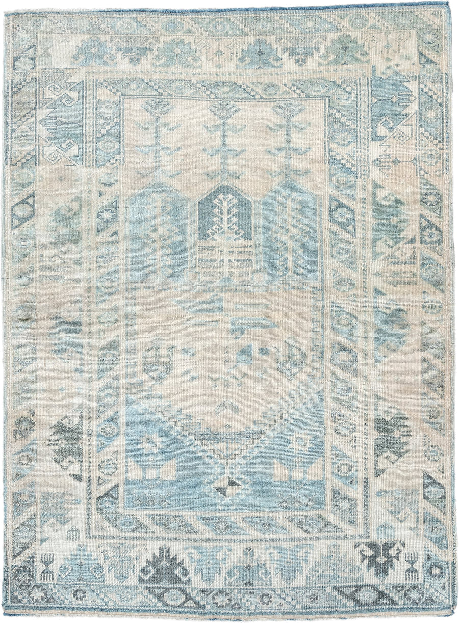 4' x 5' one-of-a-kind handmade antique Anatolian small size rug. Color palette: ivory, sky blue, pale blue, slate, cream