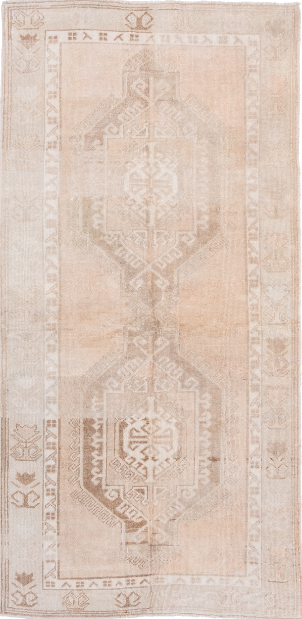 3' x 6' one-of-a-kind handmade vintage Anatolian runner rug. Color palette: brown, gray, light gray, off-white, orange, pink